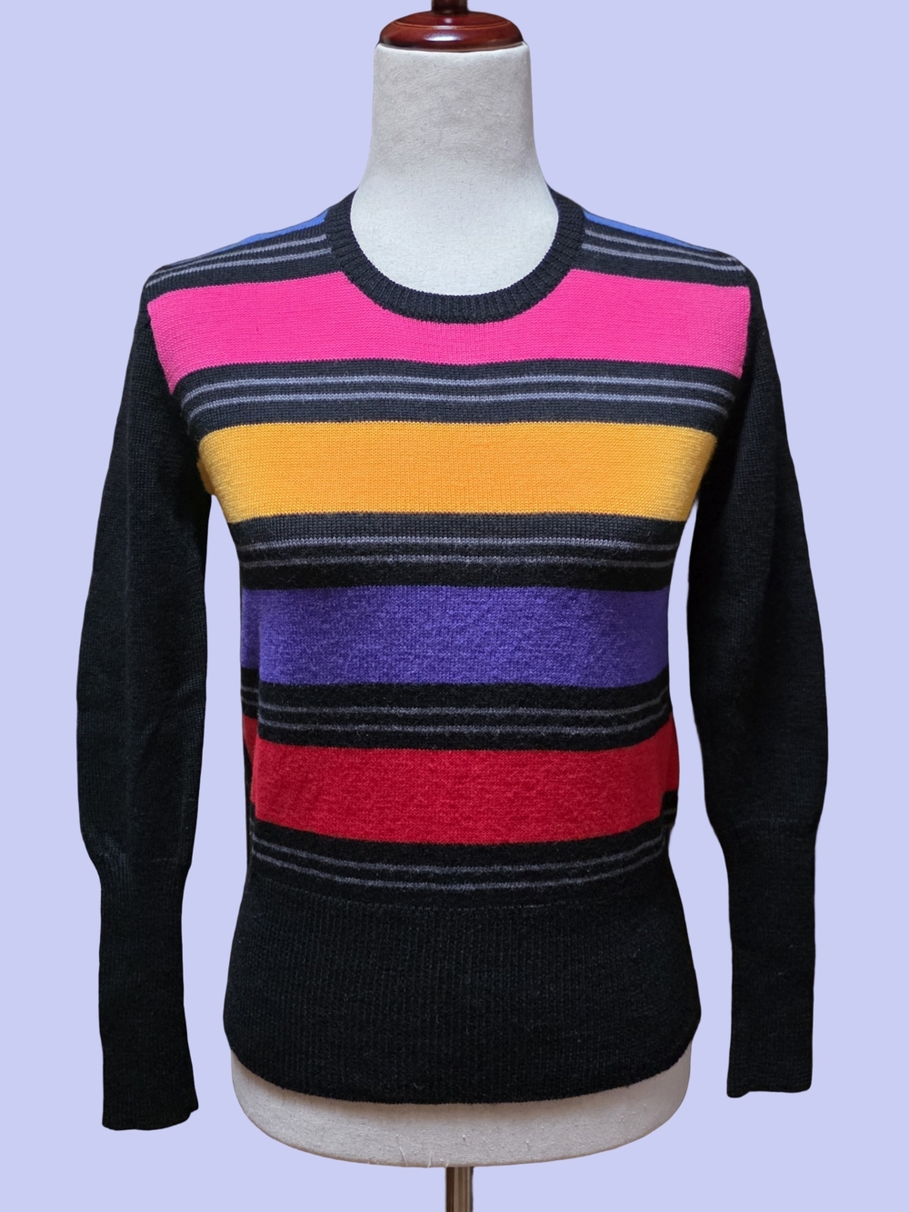 Vintage 60s L.S. Ayres + Co Black Multicolor Striped Virgin Wool Sweater